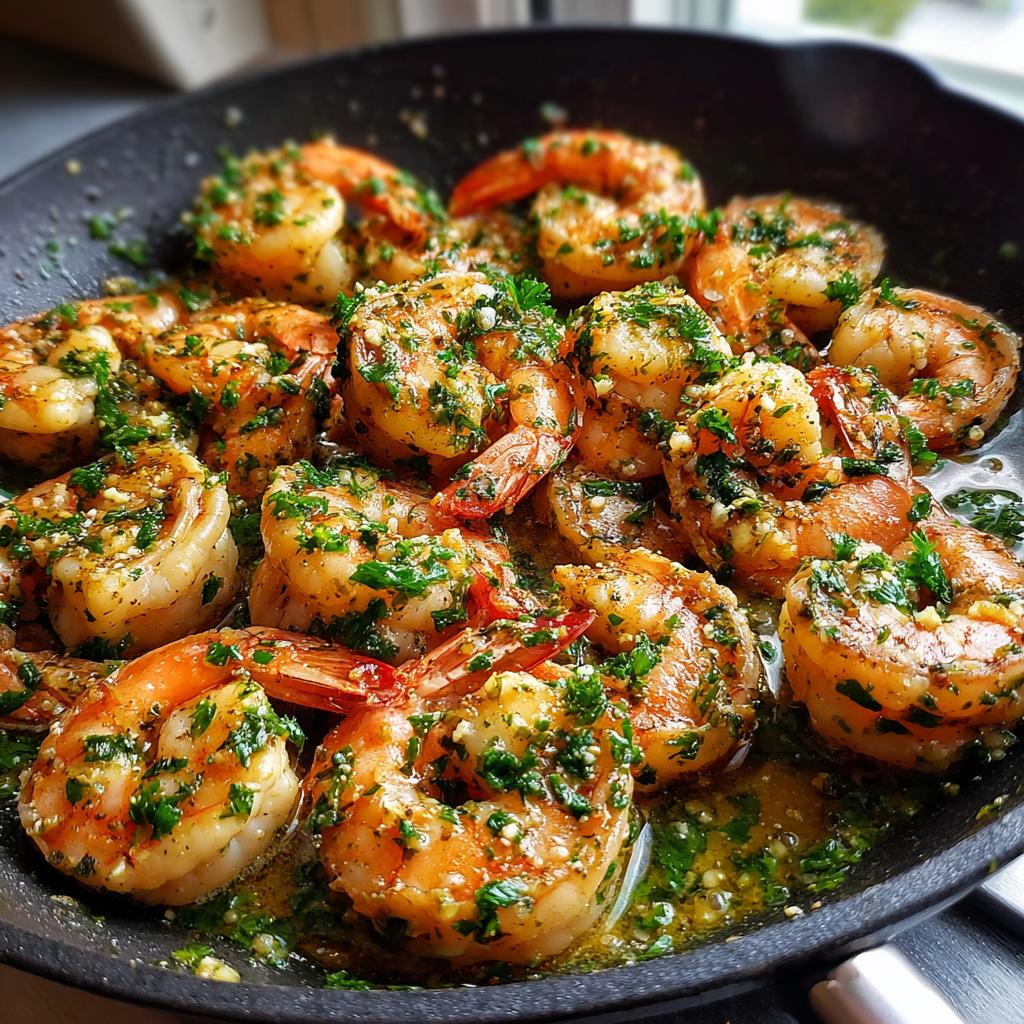 Close-up of juicy Garlic Butter Shrimp (Sheet Pan) cooked in a pan with garlic and herbs.