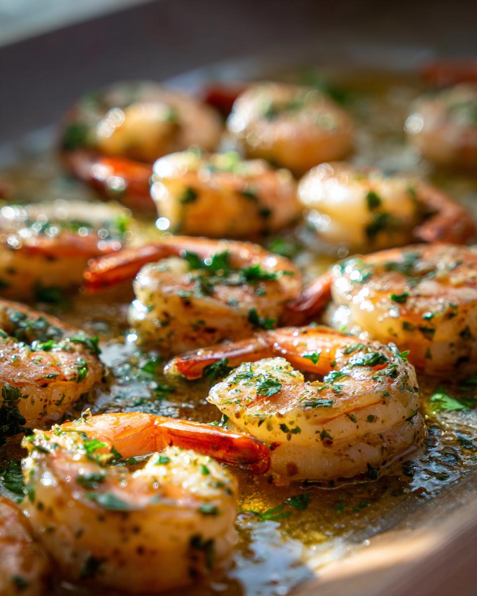 Close-up of juicy Garlic Butter Shrimp (Sheet Pan) cooked and glistening in butter sauce with parsley.