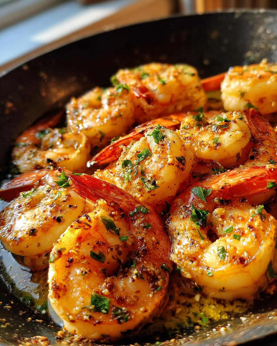 Close-up of juicy Garlic Butter Shrimp (Sheet Pan) in a pan, glistening with butter and herbs.