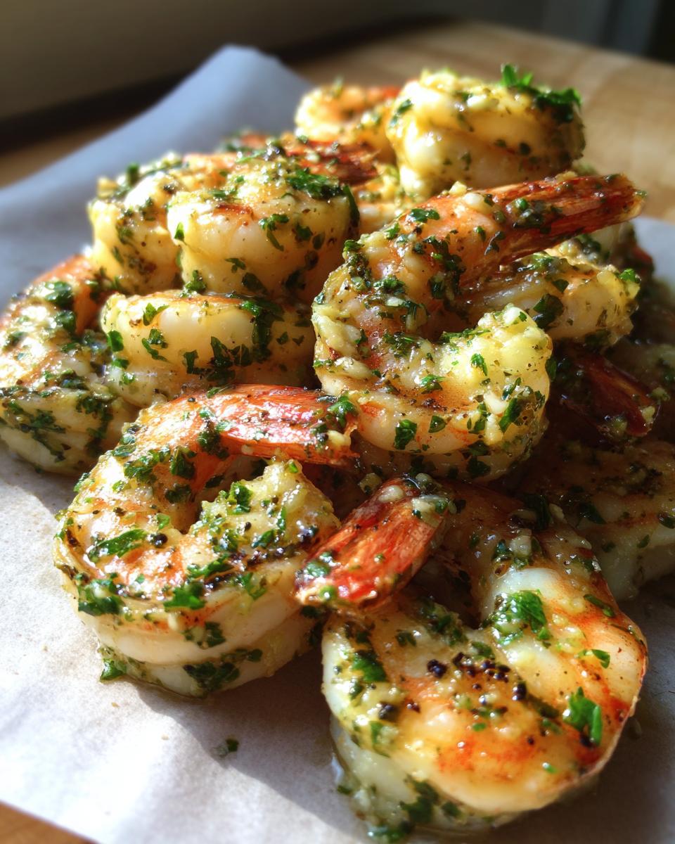 A close-up, mouthwatering view of cooked Garlic Butter Shrimp (Sheet Pan) glistening with butter and herbs.