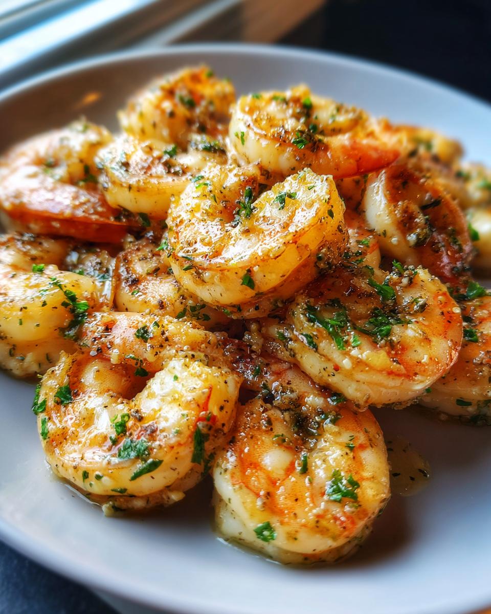 A plate full of glistening Garlic Butter Shrimp (Sheet Pan) topped with fresh parsley.