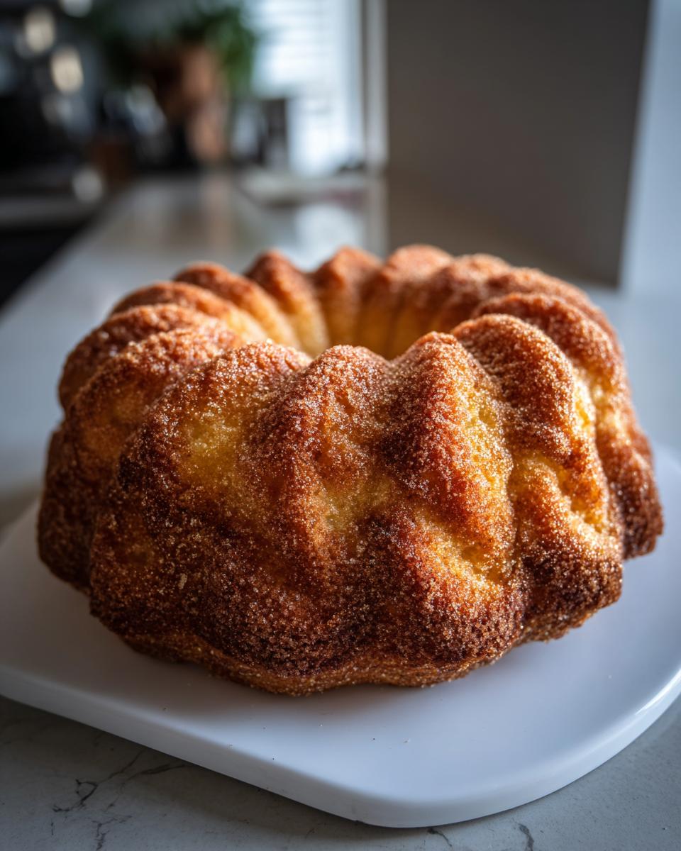 A close-up of a freshly baked Gold-Dusted Bundt Cake with a golden-brown crust, dusted with cinnamon sugar.