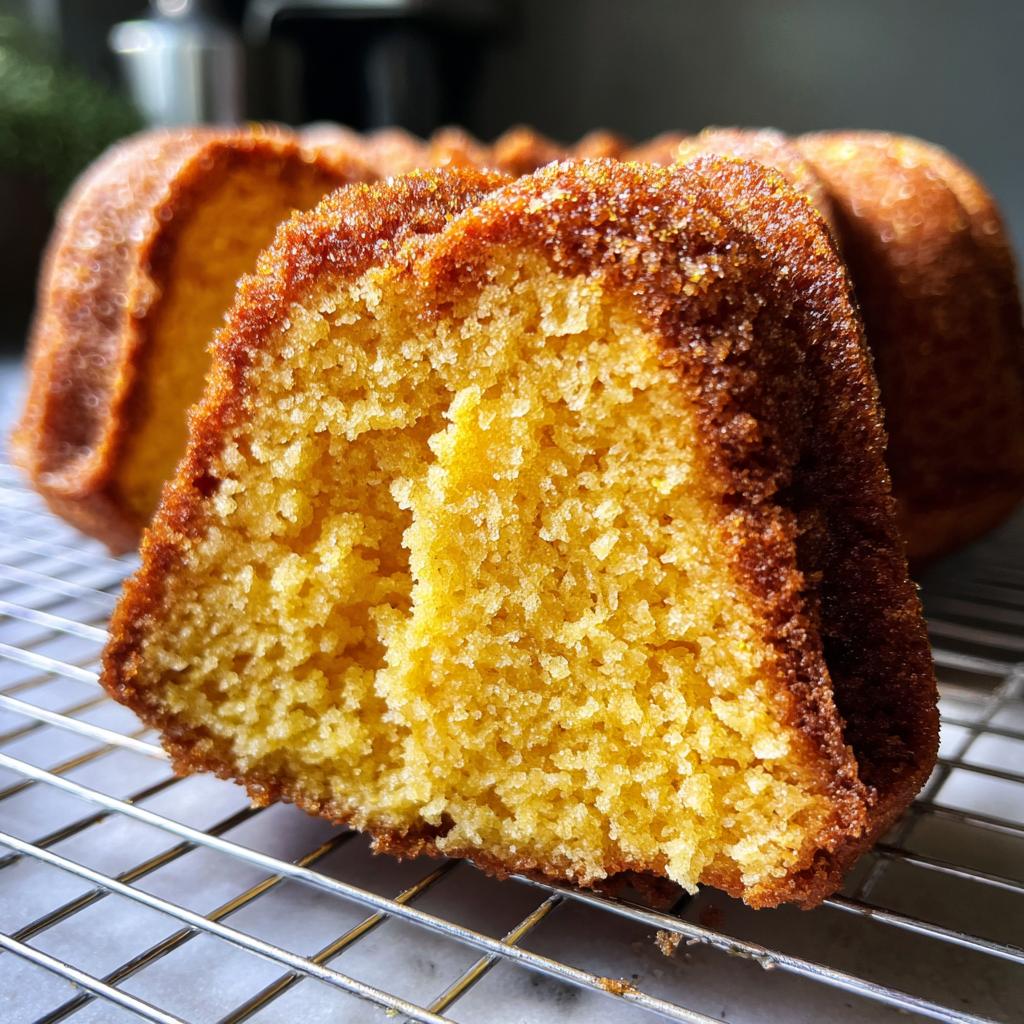 A close-up of a slice of a golden-yellow Gold-Dusted Bundt Cake on a cooling rack, showing its tender crumb.