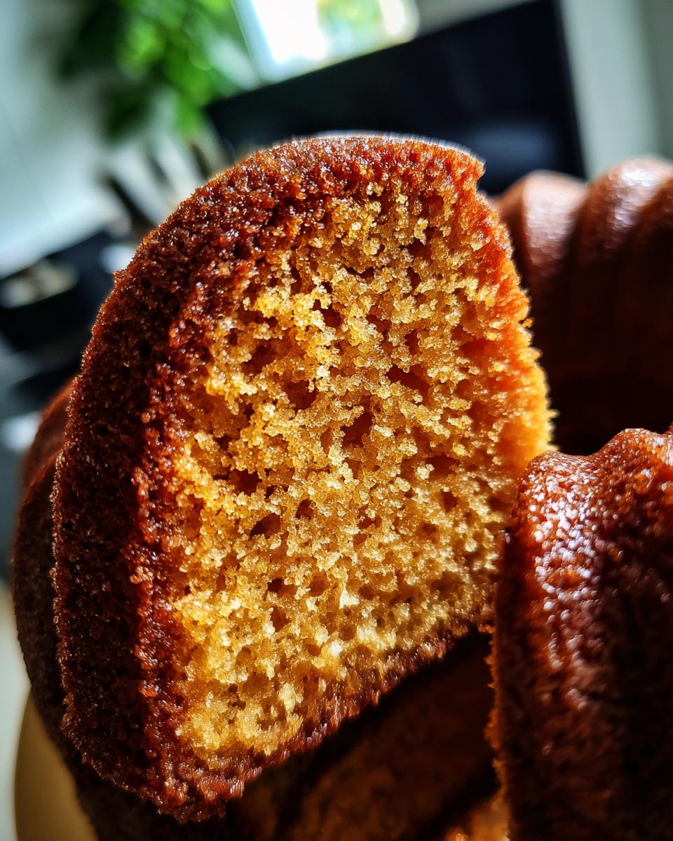Close-up of a slice of a moist Gold-Dusted Bundt Cake, showcasing its tender crumb and golden-brown crust.