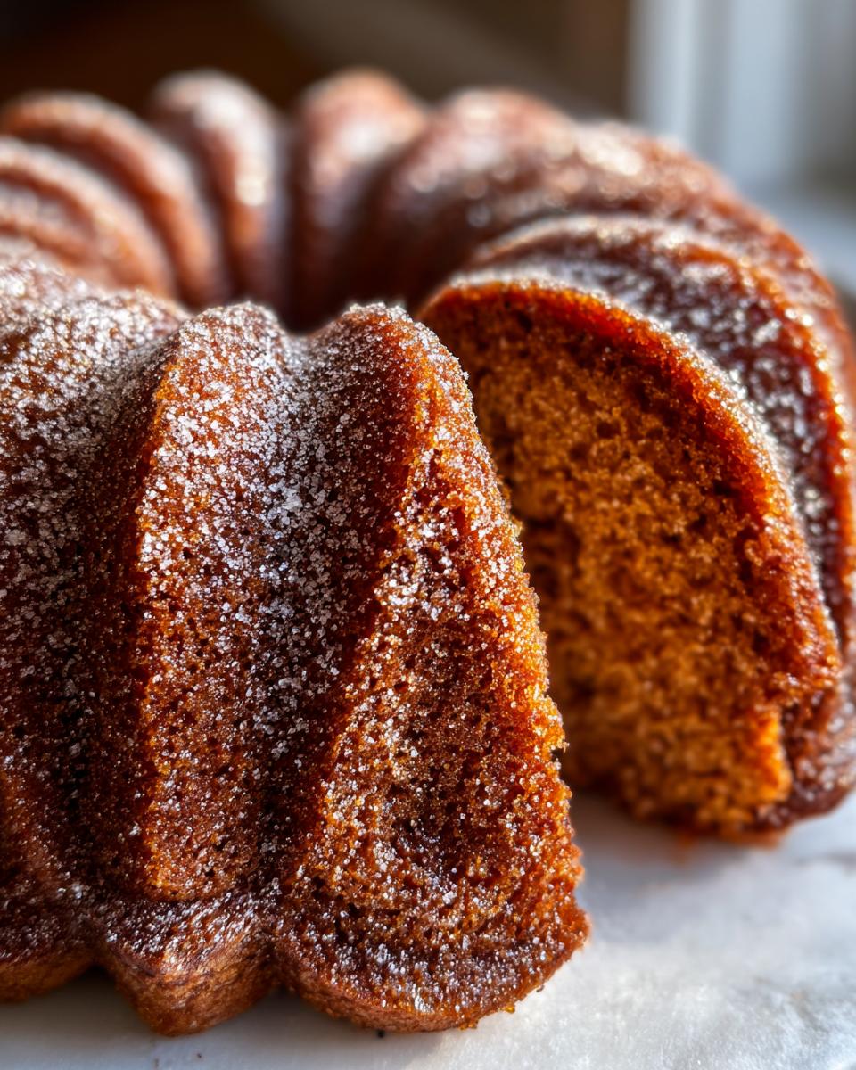 Close-up of a moist Gold-Dusted Bundt Cake, with a slice removed to reveal the tender crumb.