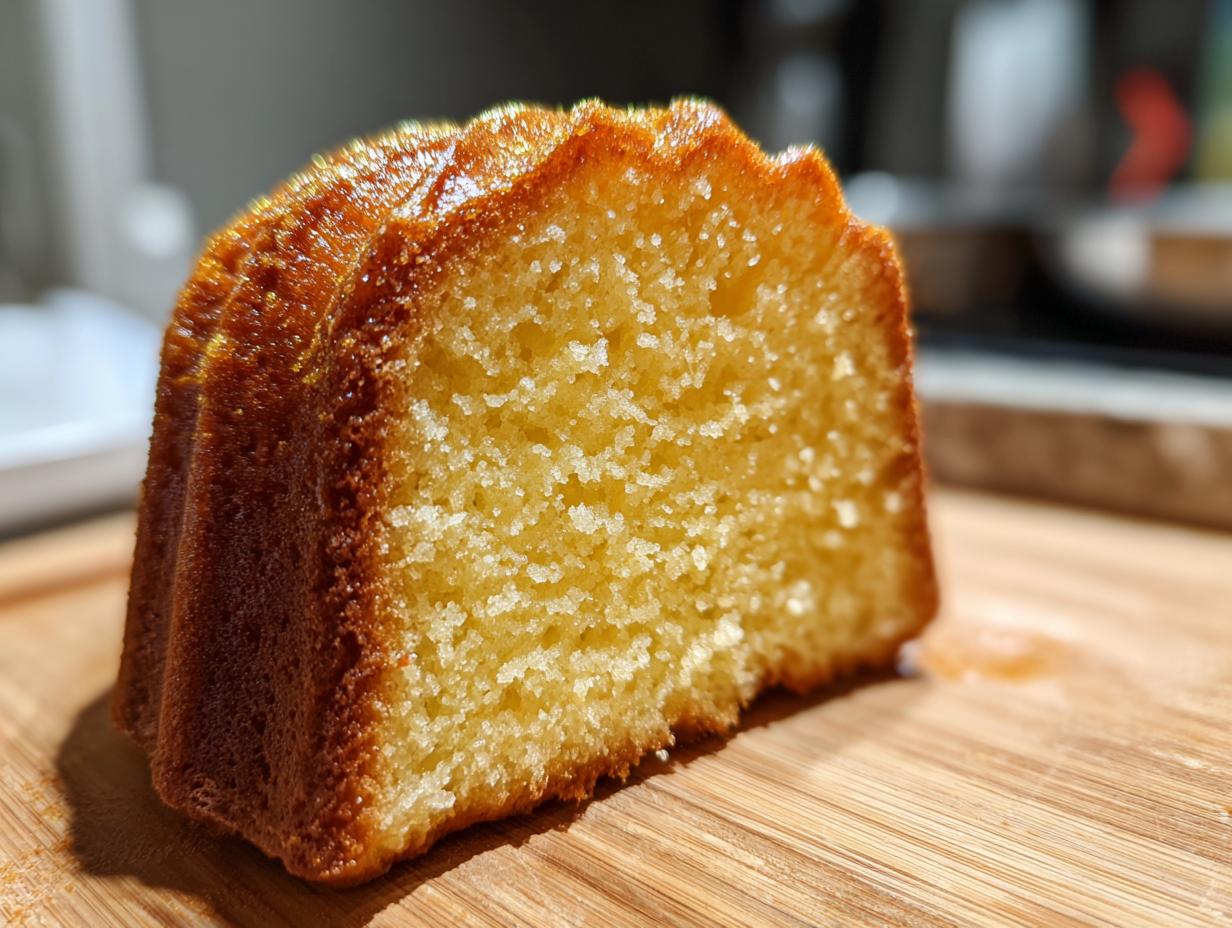 A close-up of a slice of moist Gold-Dusted Bundt Cake with a golden crust and tender crumb.