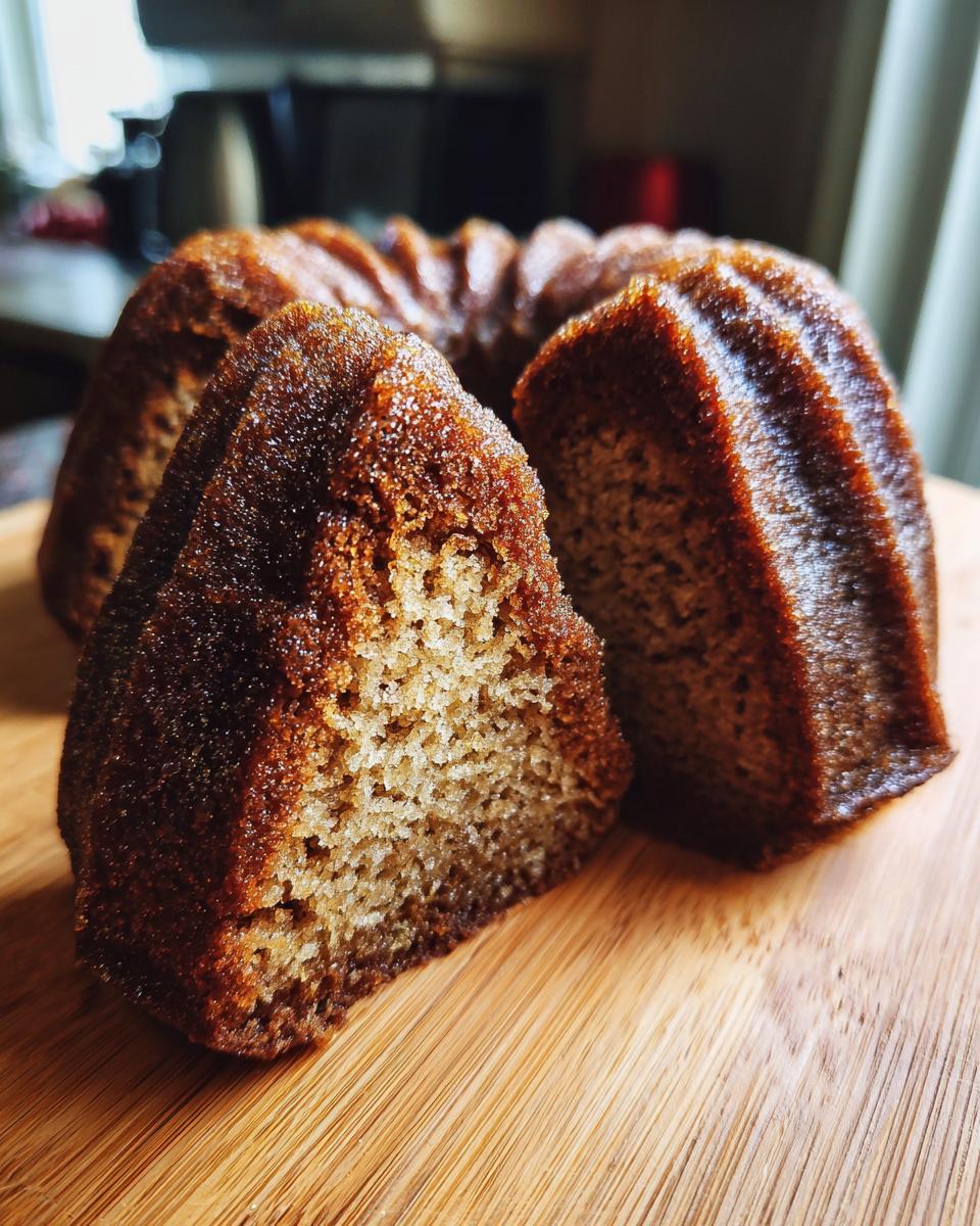 Close-up of two slices of a moist Gold-Dusted Bundt Cake on a wooden board, showing the crumb texture.