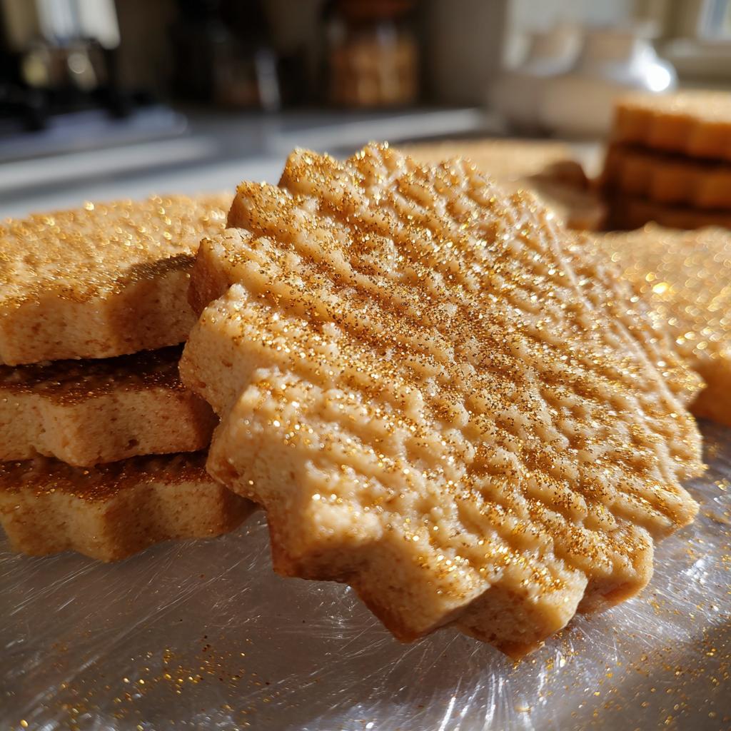 Close-up of star-shaped Gold-Dusted Shortbread cookies, sparkling with edible gold glitter.