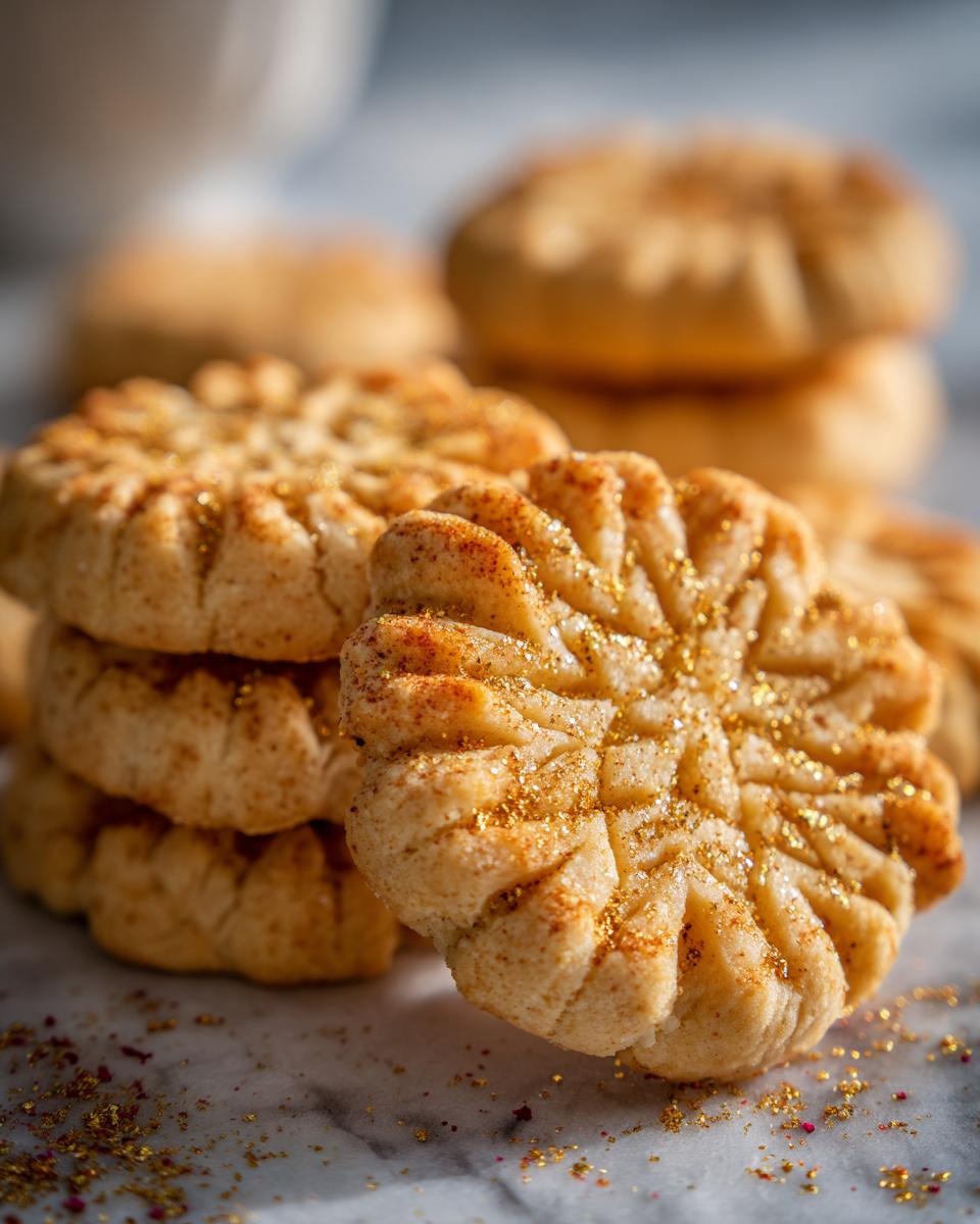 Close-up of a stack of intricately patterned Gold-Dusted Shortbread cookies, shimmering with edible gold glitter.