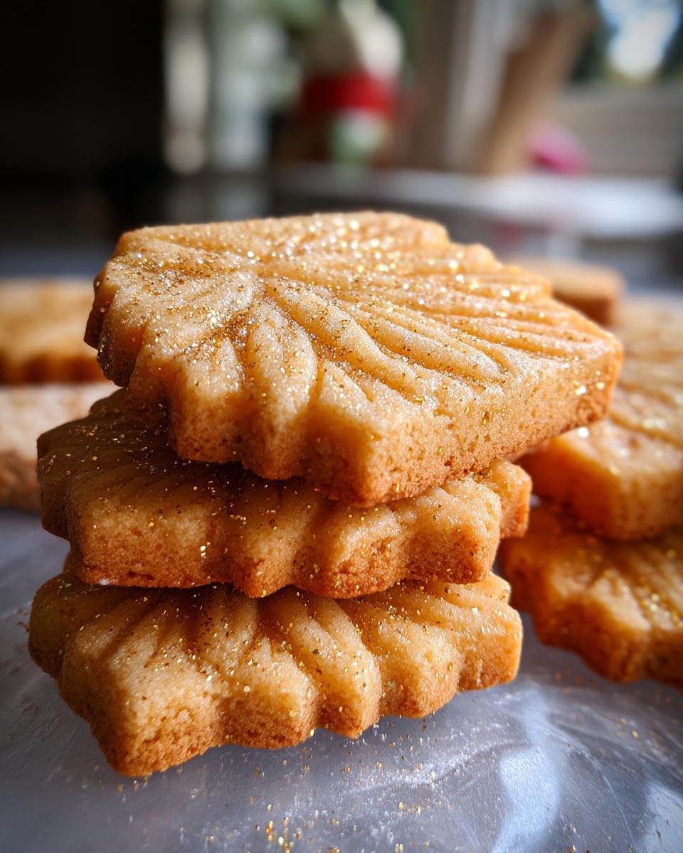 A close-up stack of golden shortbread cookies, dusted with edible gold glitter, featuring a leaf-like embossed pattern.