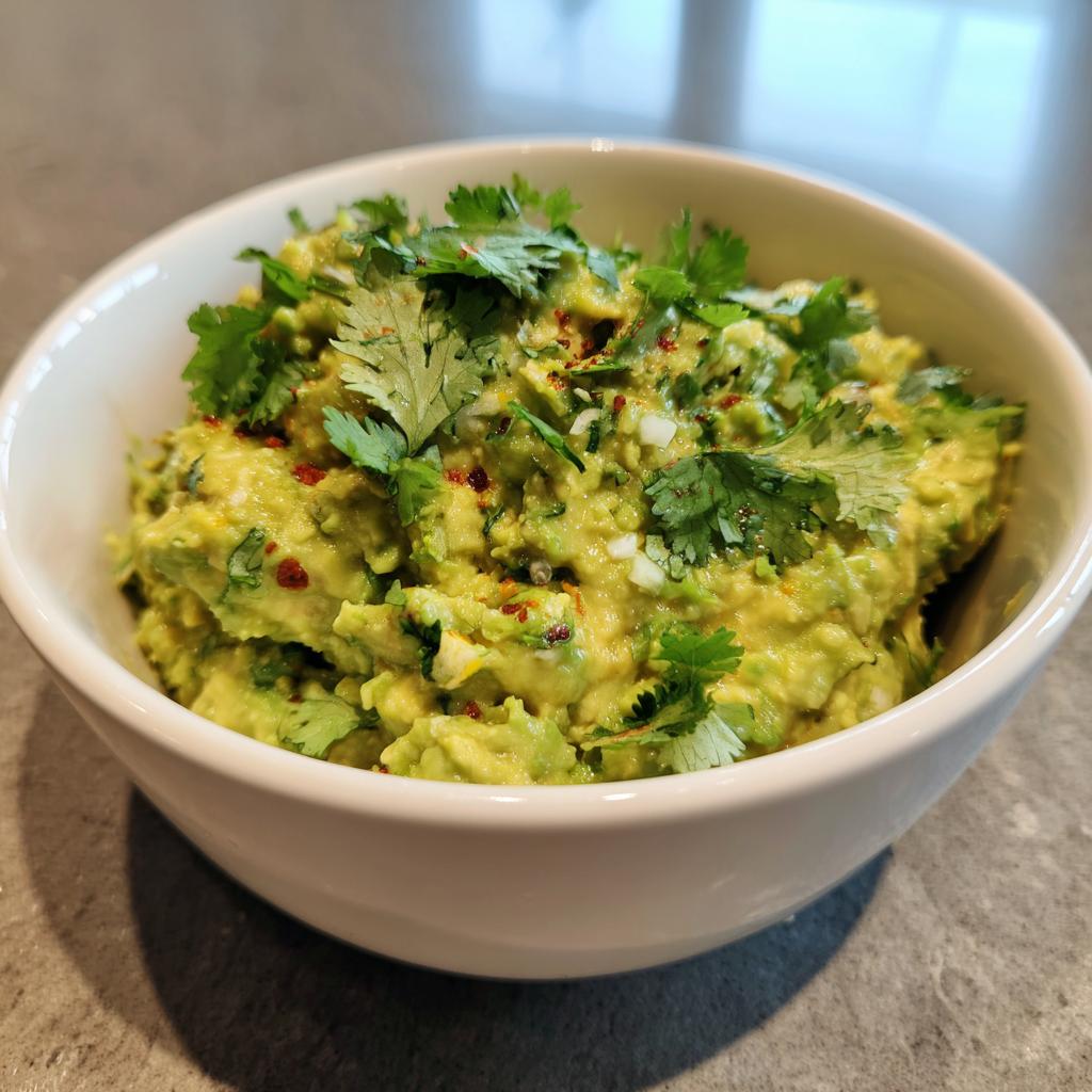 A white bowl filled with chunky Guacamole with Lime and Cilantro, garnished with fresh cilantro leaves and red pepper flakes.
