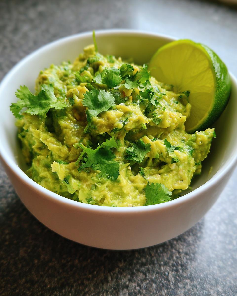 A bowl of fresh Guacamole with Lime and Cilantro, garnished with a lime wedge and fresh cilantro leaves.