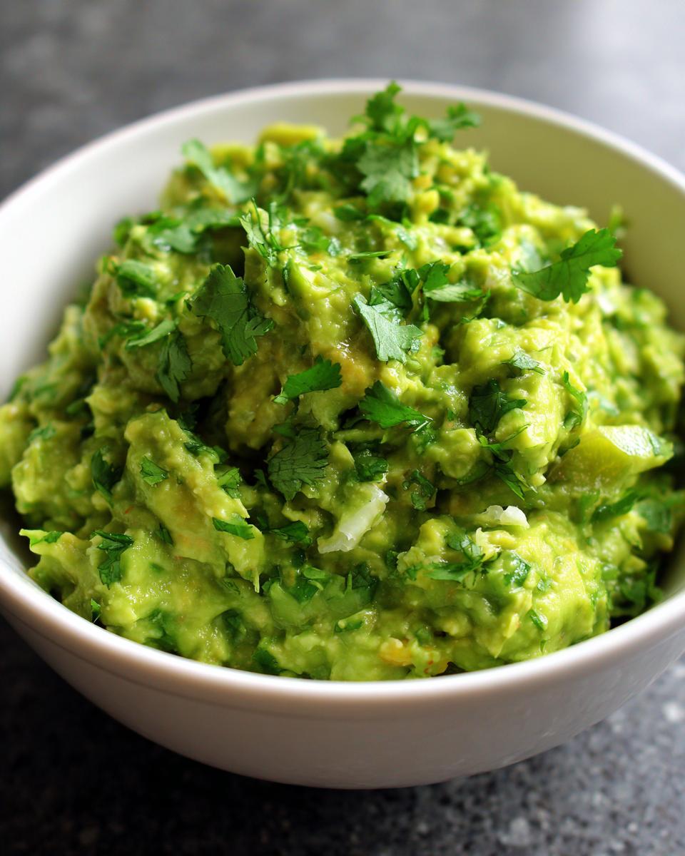 A close-up of a white bowl filled with chunky Guacamole with Lime and Cilantro, garnished with fresh cilantro leaves.