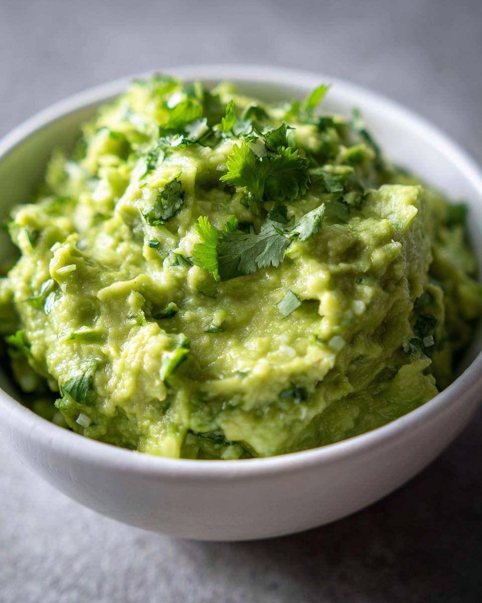 Close-up of a bowl of fresh Guacamole with Lime and Cilantro, showing chunky texture and green herbs.