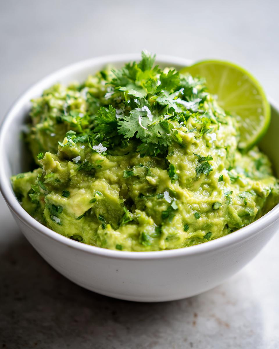 A bowl of chunky guacamole with fresh lime and cilantro, perfect for dipping.