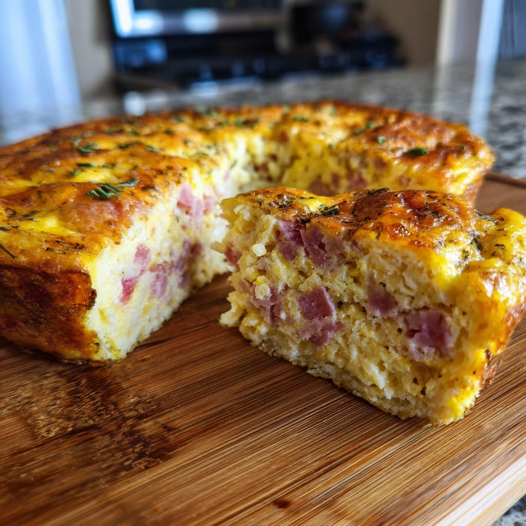 A slice of golden-brown Ham and Cheese Breakfast Casserole with visible chunks of ham and herbs.