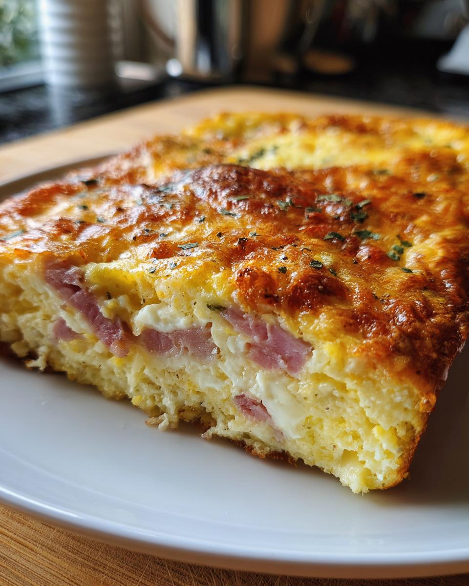 A delicious slice of Ham and Cheese Breakfast Casserole, perfect for a holiday brunch.