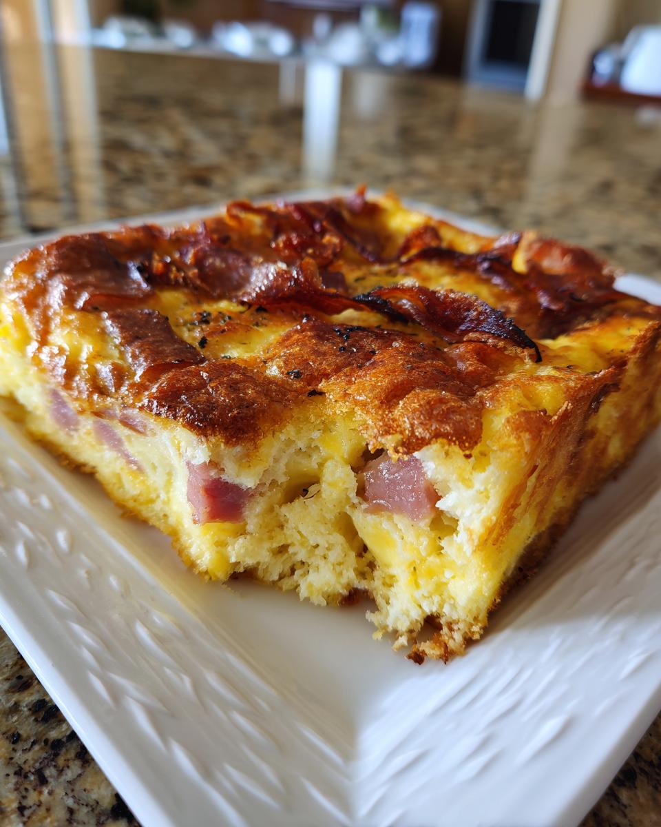 A slice of Ham and Cheese Breakfast Casserole on a white plate, showing layers of egg, cheese, and ham.