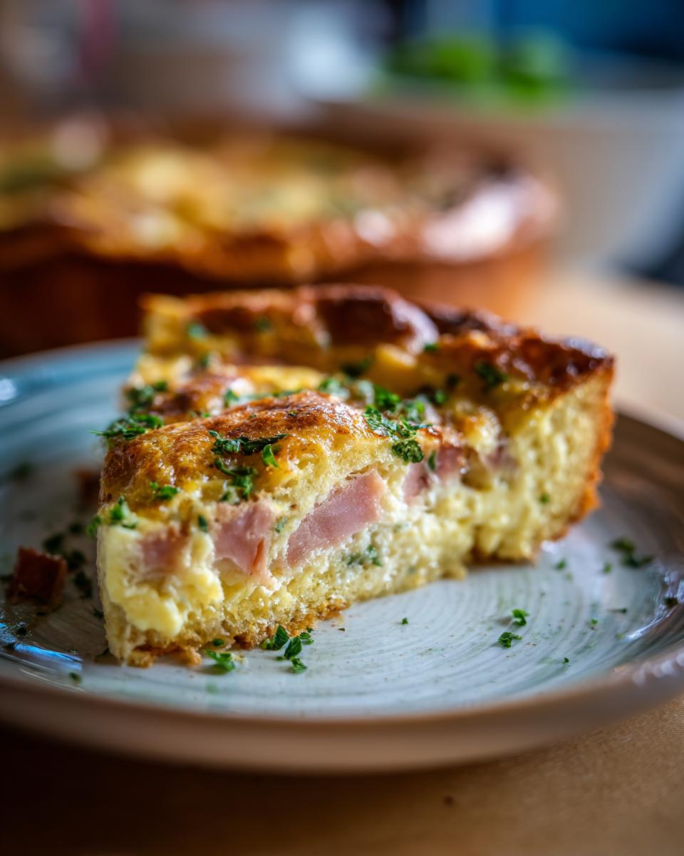 A slice of Ham and Cheese Breakfast Casserole with visible ham, cheese, and herbs on a plate.