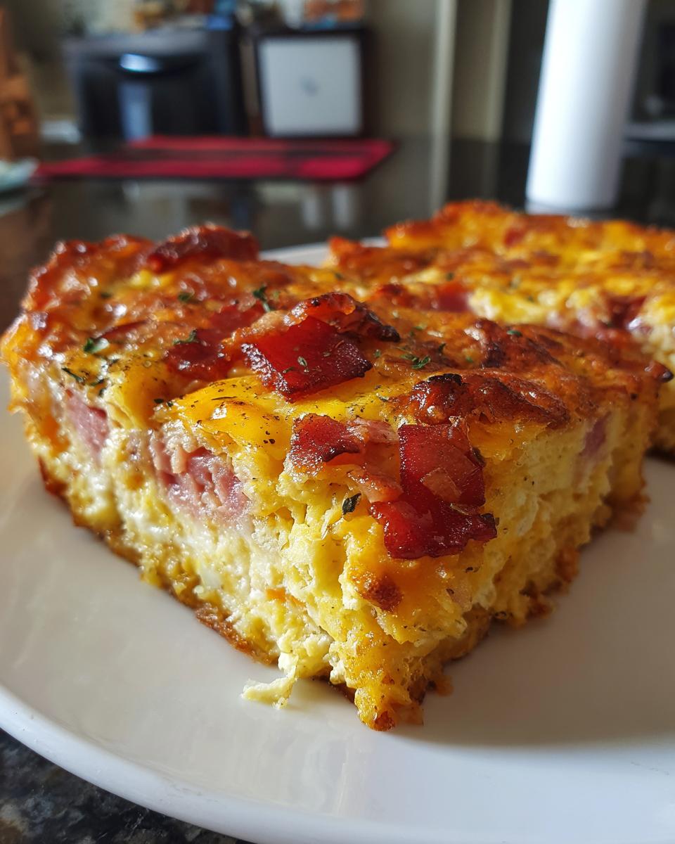 A close-up of a slice of Ham and Cheese Breakfast Casserole, topped with crispy bacon.