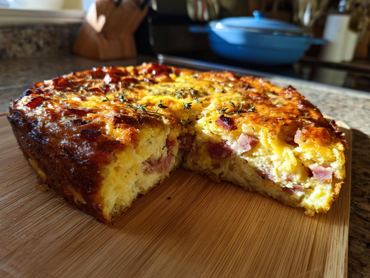 A slice of golden-brown Ham and Cheese Breakfast Casserole, showcasing chunks of ham and a fluffy egg mixture.