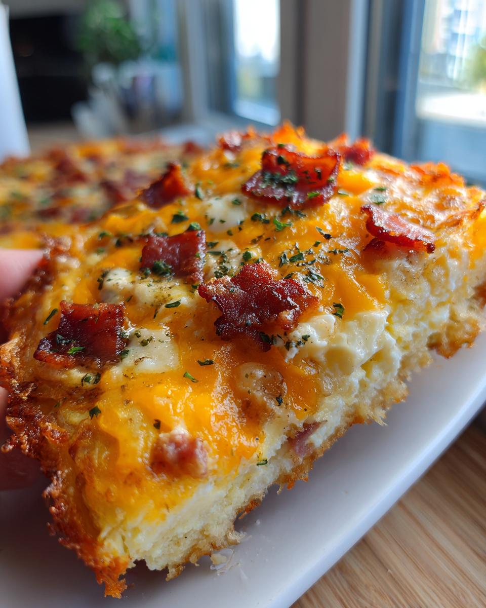 A slice of golden-brown Hash Brown Egg Bake topped with melted cheese, crispy bacon, and parsley.