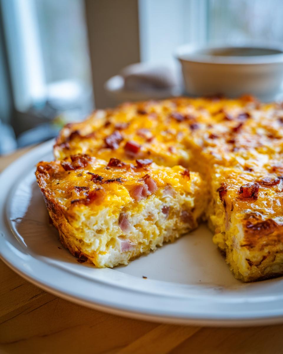 A slice of Hash Brown Egg Bake with crispy bacon and melted cheese on a white plate.