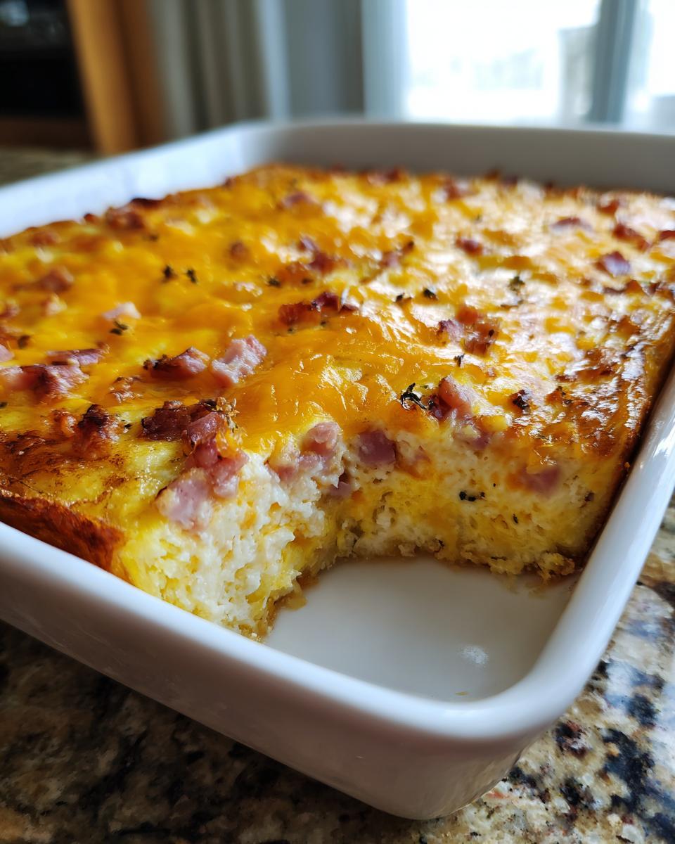 A golden brown Hash Brown Egg Bake with melted cheese and diced ham, a slice removed to show the fluffy egg and hash brown layers.