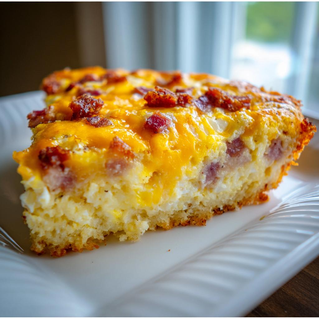A slice of Hash Brown Egg Bake with melted cheese and crumbled bacon on a white plate.