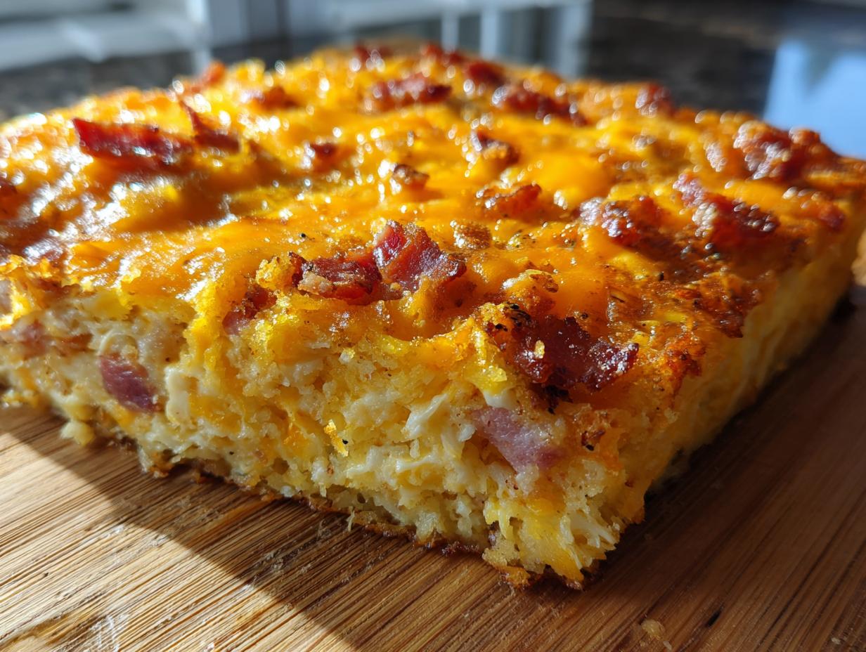 A close-up shot of a slice of Hash Brown Egg Bake (No Soggy Bottom) with melted cheese and bacon bits.