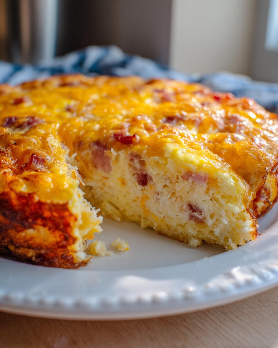 A slice of golden Hash Brown Egg Bake with cheese and ham on a white plate.