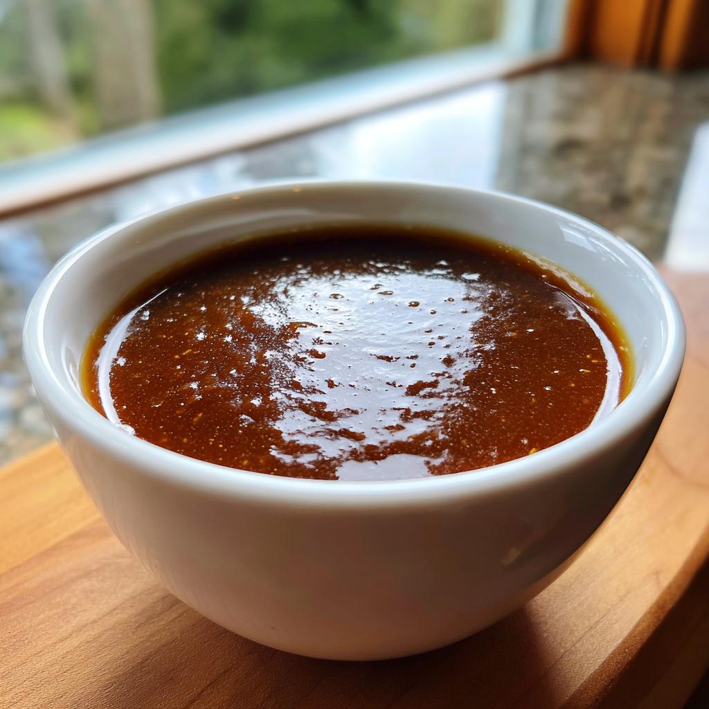 A white bowl filled with rich, homemade au jus gravy, perfect for a McCormick copycat recipe.