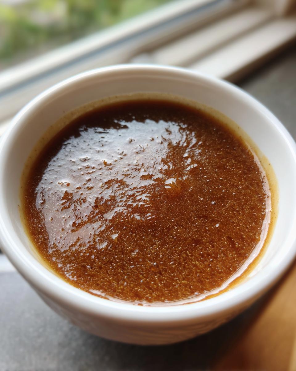 A close-up of a white bowl filled with rich, homemade au jus gravy.