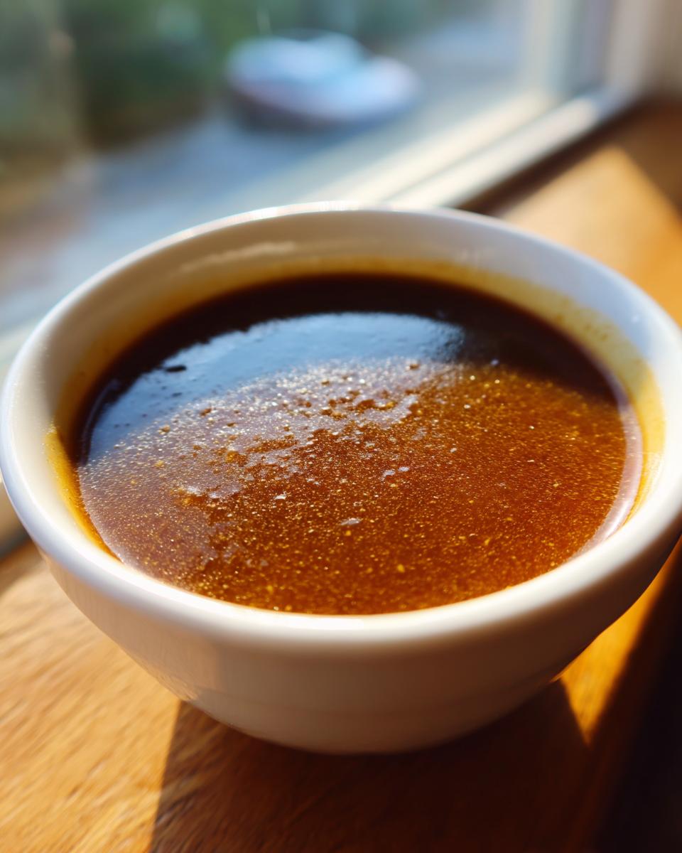 A white bowl filled with rich, homemade au jus gravy, perfect for a McCormick copycat recipe.