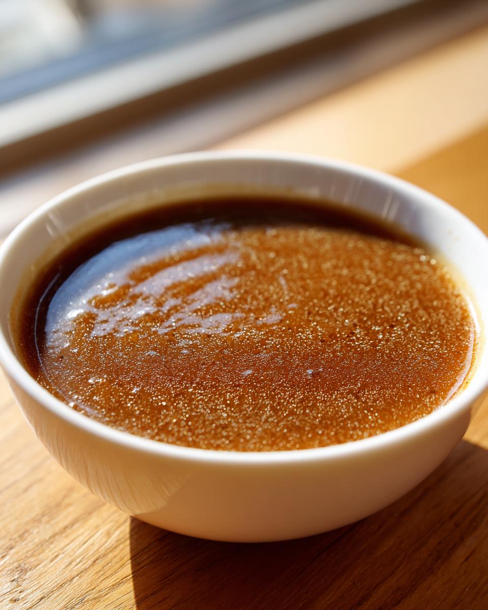 A bowl of rich, brown homemade au jus gravy, perfect for dipping or as a sauce.