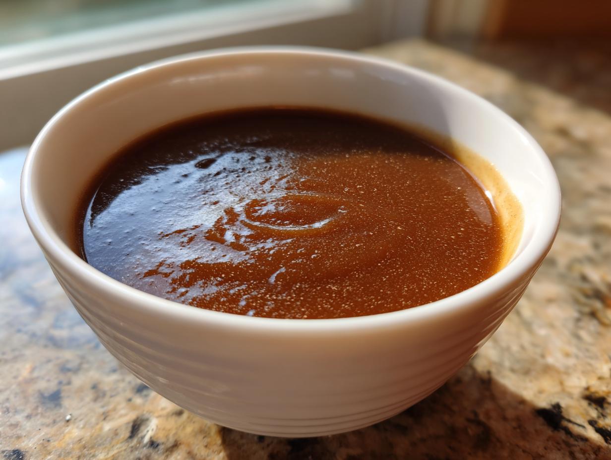 A white bowl filled with rich, homemade au jus gravy, perfect for a McCormick copycat recipe.