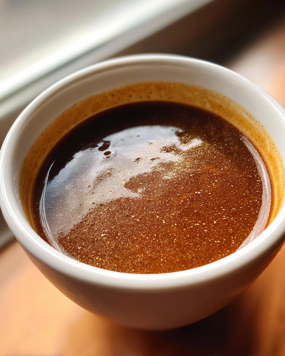 A close-up of rich, dark homemade au jus gravy in a white bowl, perfect for a McCormick copycat recipe.