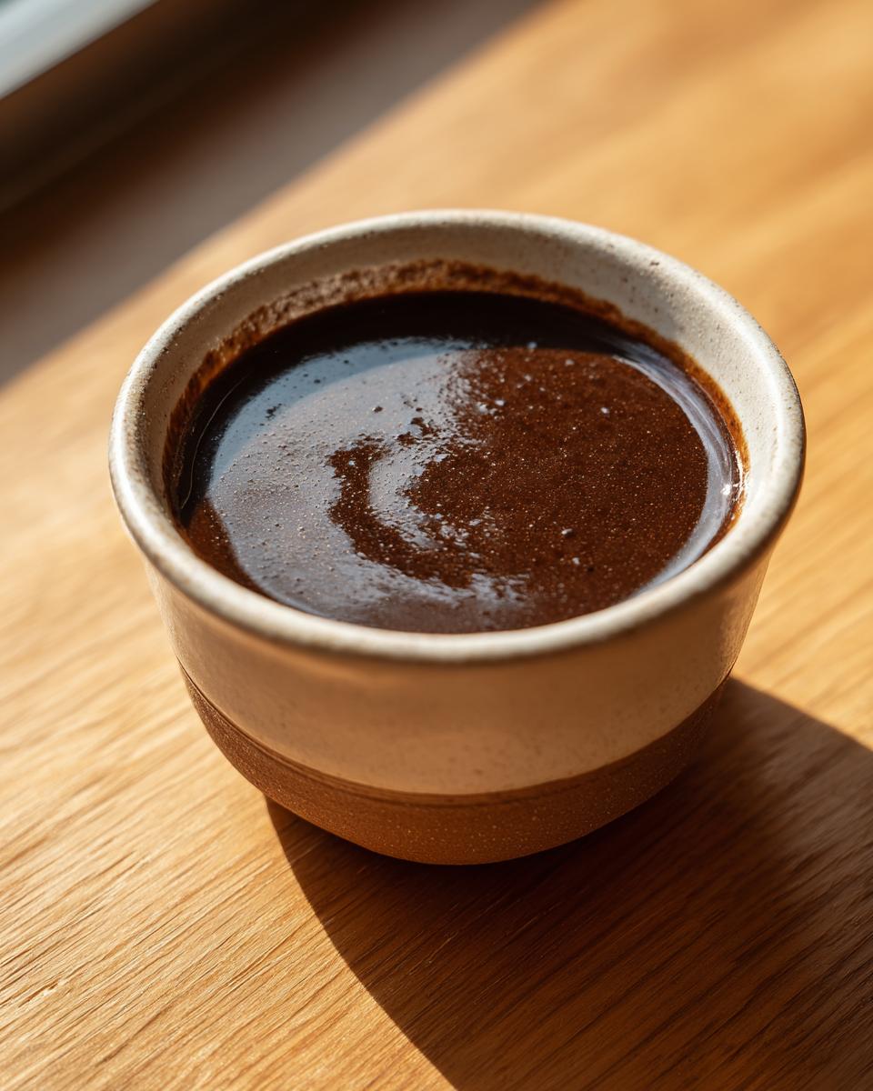 A close-up of a rustic bowl filled with rich, dark homemade au jus, perfect for the Best Homemade Au Jus Recipe.