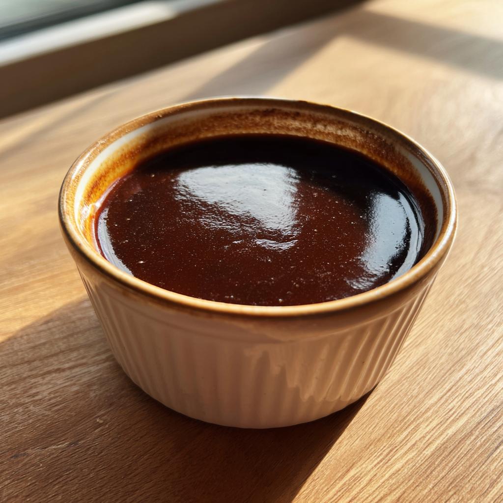 A close-up of rich, dark homemade au jus in a white ramekin, perfect for the Best Homemade Au Jus Recipe.
