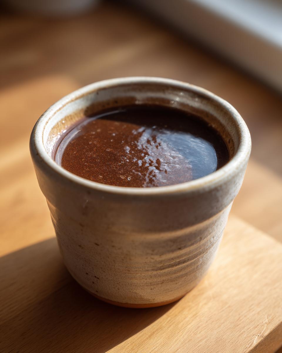 A close-up of a ramekin filled with rich, homemade au jus, perfect for the Best Homemade Au Jus Recipe.