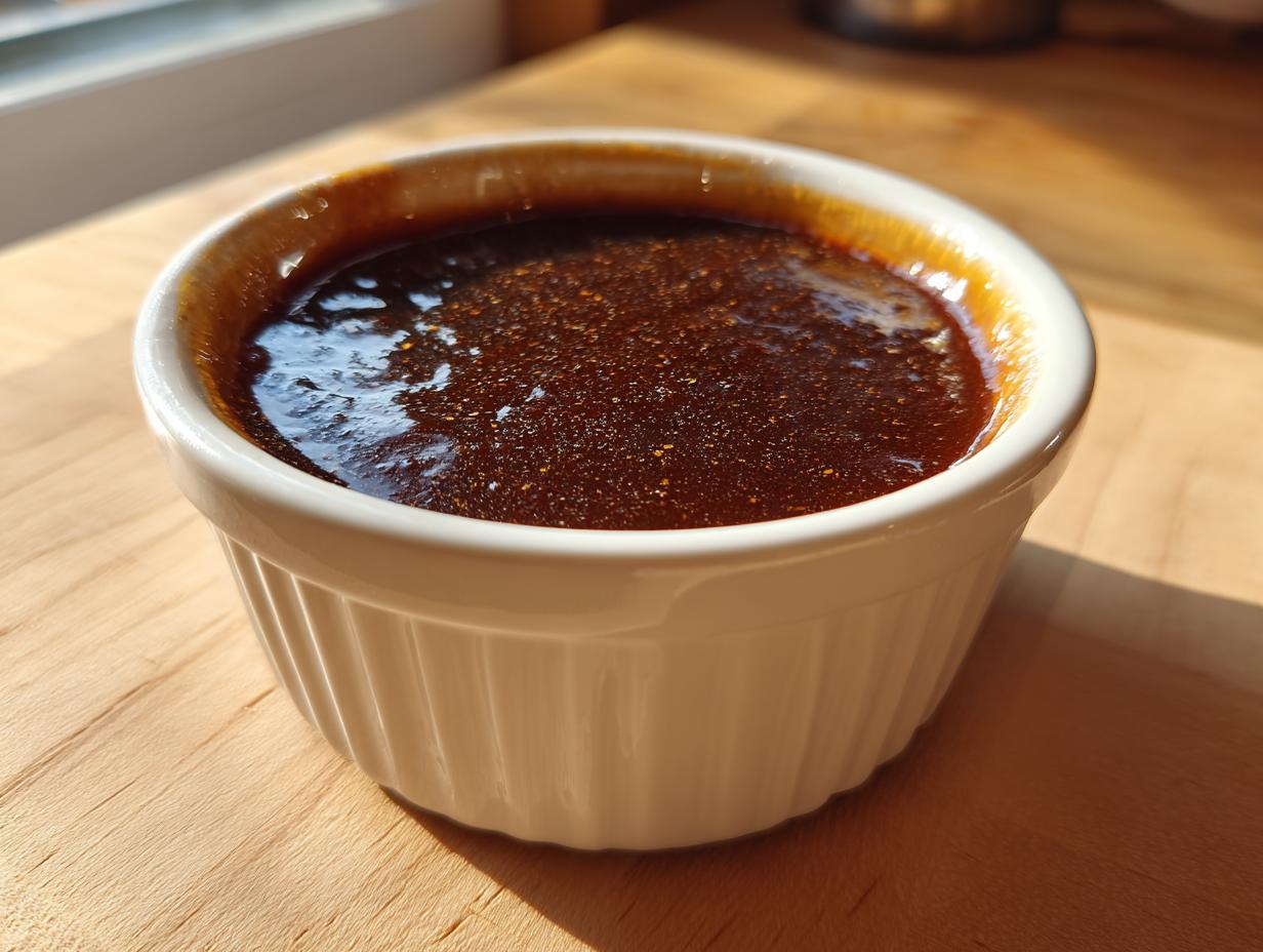 A white ramekin filled with rich, dark homemade au jus, perfect for the Best Homemade Au Jus Recipe.