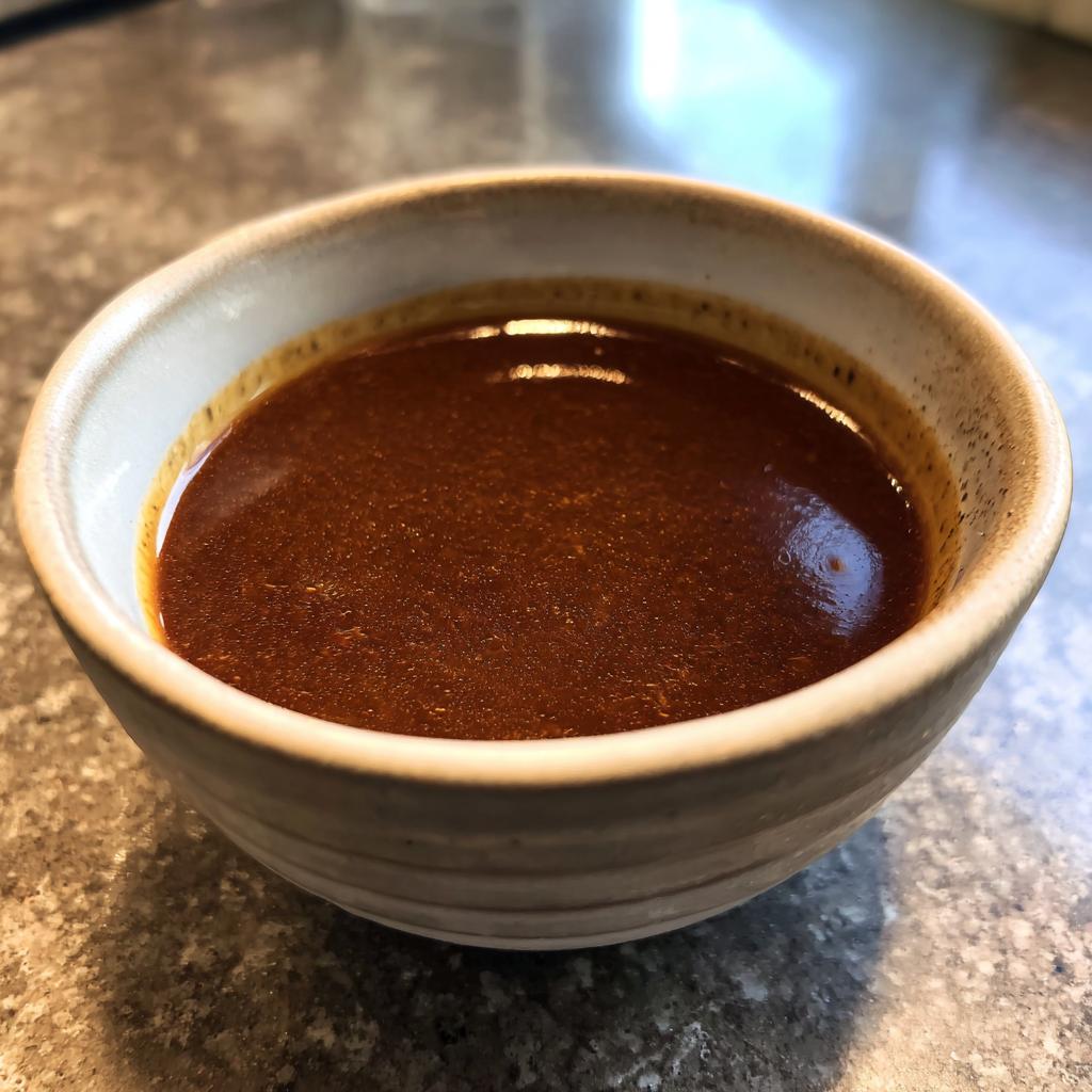 A close-up of a bowl filled with rich, dark homemade au jus without drippings.