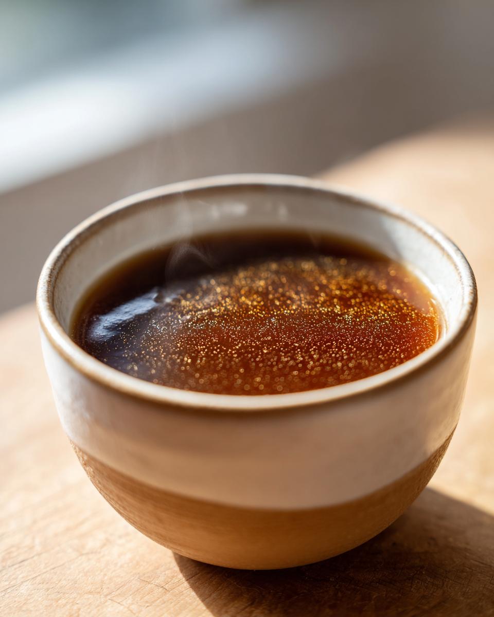 A steaming bowl of homemade au jus without drippings, with a rich brown color and a hint of sparkle on the surface.