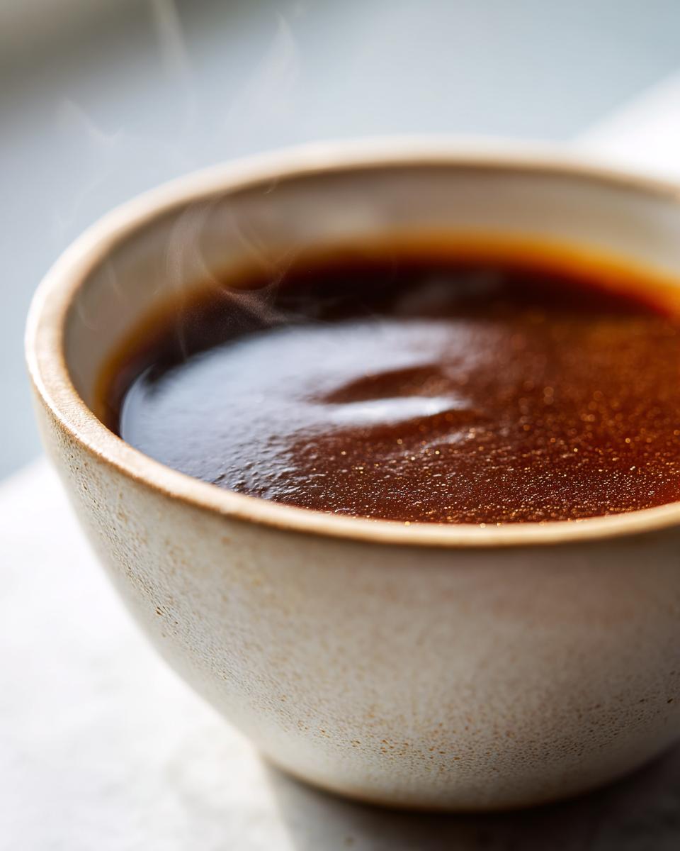 A steaming bowl of rich, homemade au jus without drippings, perfect for dipping.