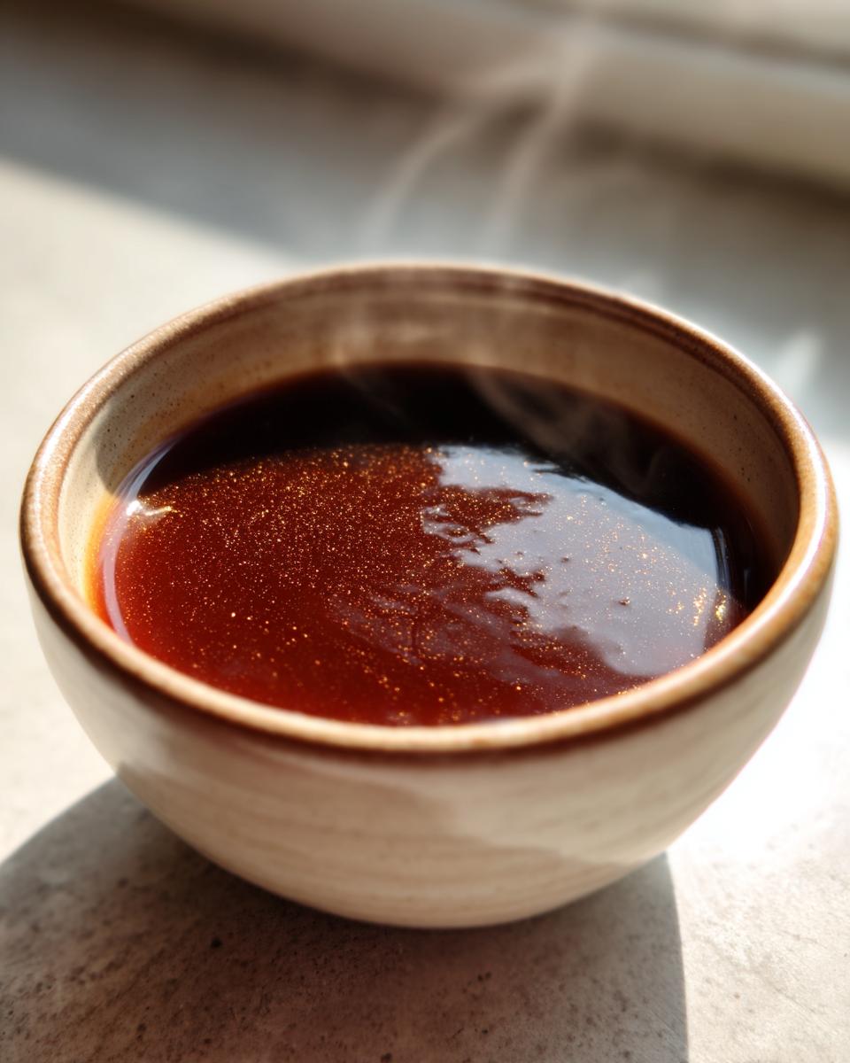 A steaming bowl of homemade au jus without drippings, with a rich brown color and subtle shimmer.