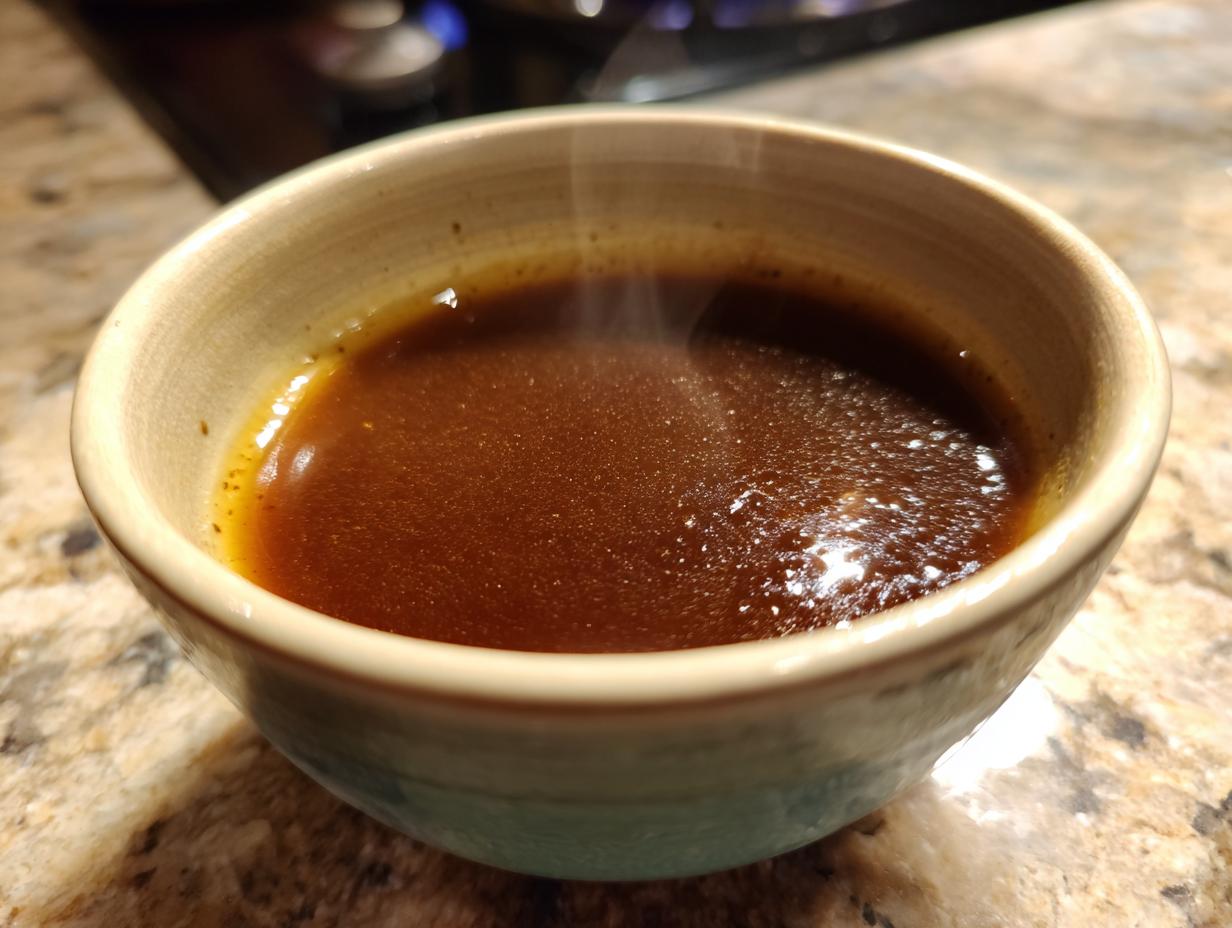 A close-up of a steaming bowl of homemade au jus without drippings, showcasing its rich brown color.