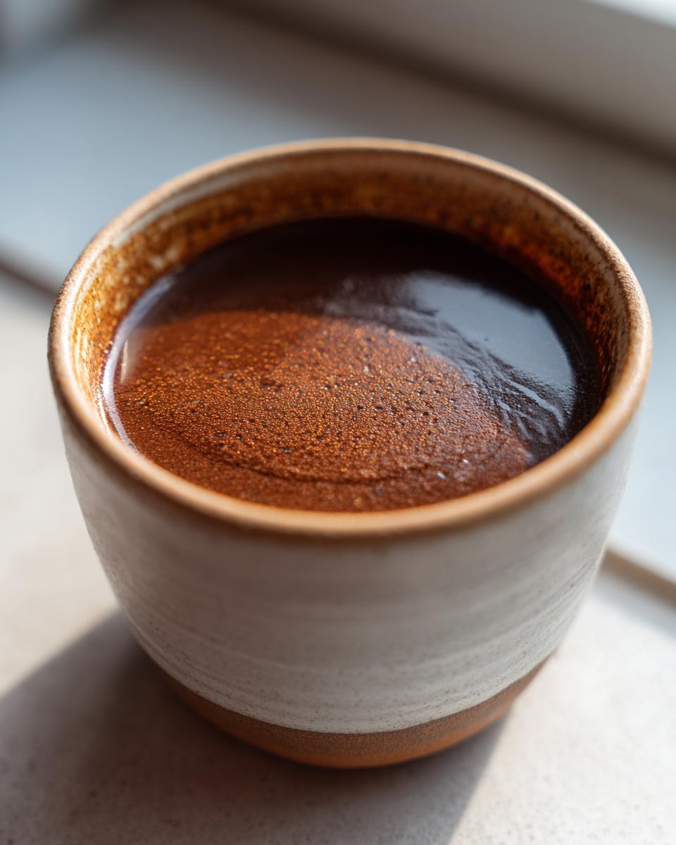 A close-up of rich, dark Homemade Au Jus without drippings in a rustic ceramic cup.