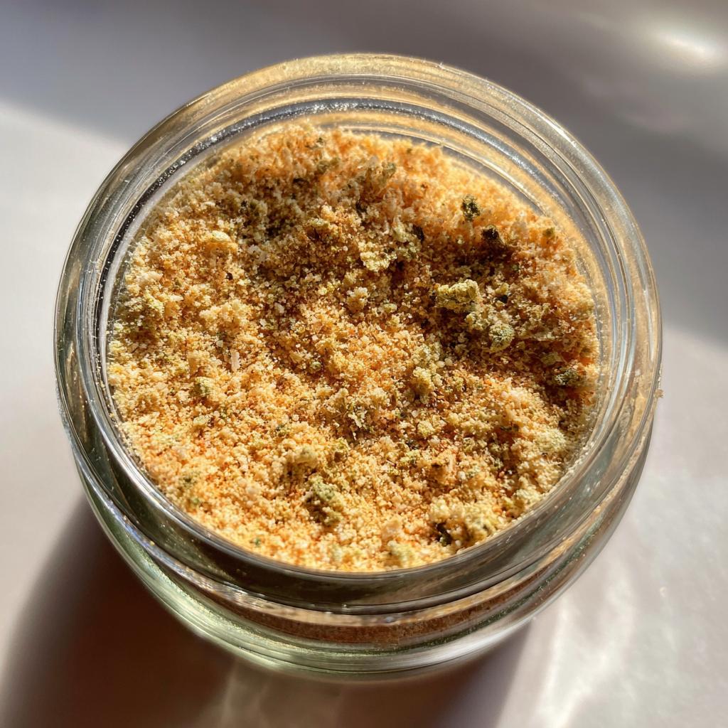 Close-up of a glass jar filled with Homemade Dry Au Jus Seasoning Mix, showing its granular texture and flecks of herbs.