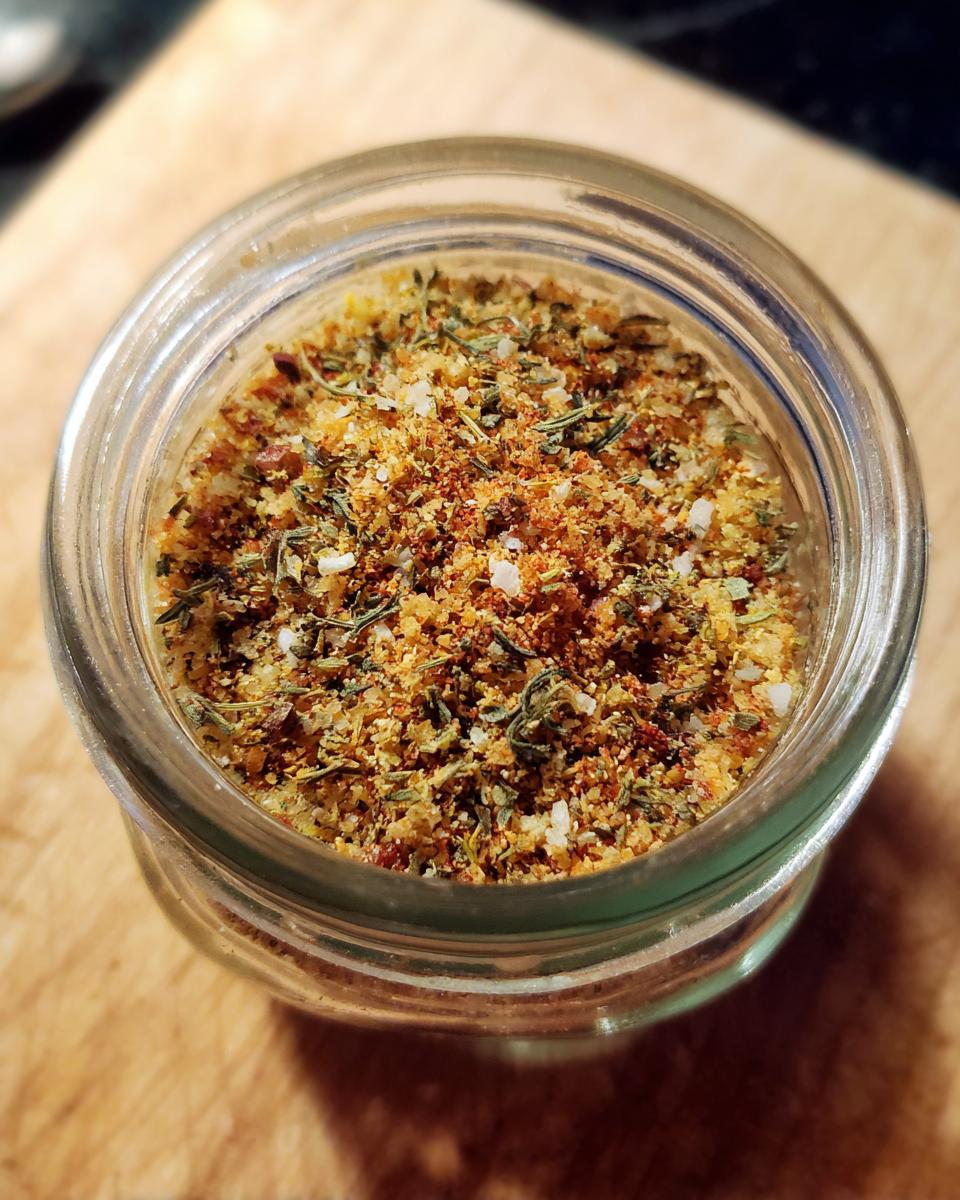 Close-up of a glass jar filled with Homemade Dry Au Jus Seasoning Mix, featuring herbs and spices.