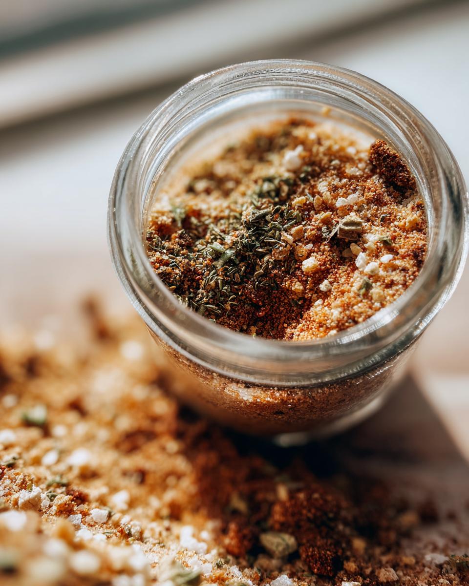 Close-up of a glass jar filled with Homemade Dry Au Jus Seasoning Mix, with some spilled on the surface.